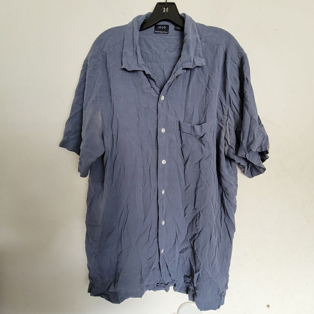 IZOD Blue 100% Silk Washable Silk Button Front Short Sleeve Shirt Top Size XL